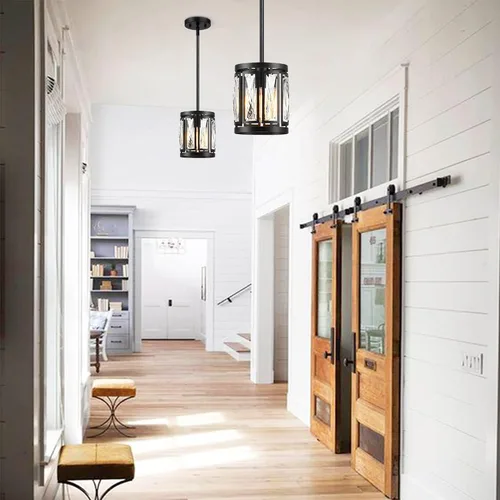 Miniatura 9 de Lámpara colgante de cristal con pantalla de tambor negra mate, araña de 2 paquetes para isla de cocina, luces de techo modernas para sala de estar