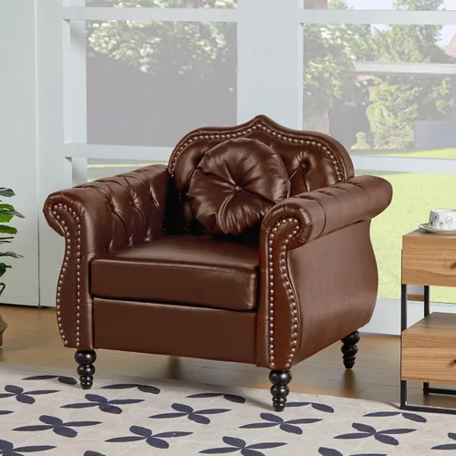 Miniatura 11 de AVZEAR 82" Sofá de tres plazas de cuero, sofá Chesterfield, sofá tapizado en PU de estilo moderno de mediados de siglo, sofá de sala de estar