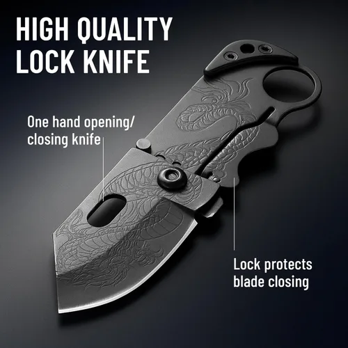 Miniatura 5 de Cuchillo de bolsillo Grand Way - 6 cm de hoja plegable afilada con clip para dinero - Cuchillo pequeño único con hoja de dragón grabada - Soporte