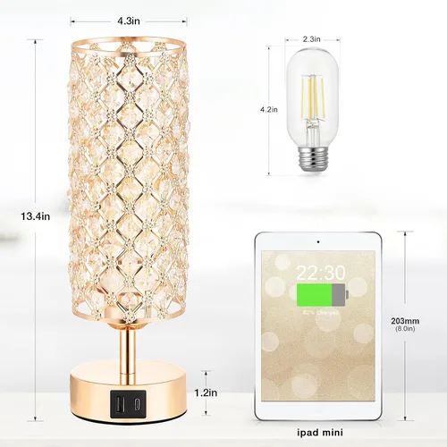 Miniatura 4 de Lámpara de mesa de cristal, lámpara dorada para dormitorio con puertos de carga USB-C y USB-A, luz regulable de 3 vías con pantalla de cristal