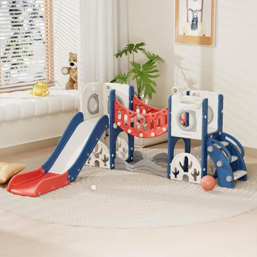 Miniatura 16 de KORIMEFA Tobogán infantil 7 en 1, tobogán infantil para bebés de 1 a 3 años, para interiores y exteriores, con aro de baloncesto y juego de golf
