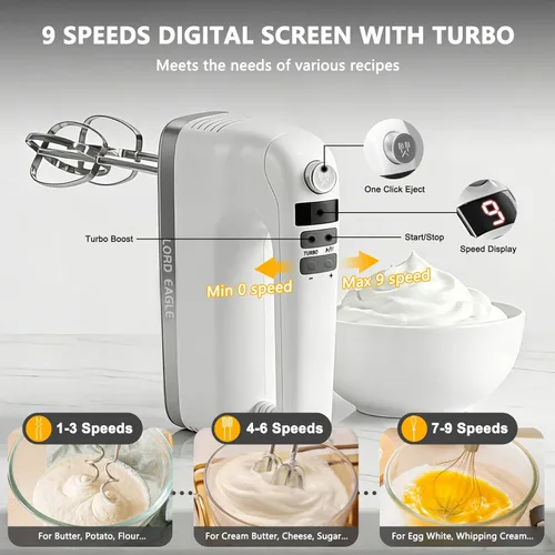 Miniatura 2 de Lord Eagle Batidora de mano digital de 9 velocidades, mezclador de cocina con motor de CC de 500 W para hornear pasteles, batidores de huevos Blanco