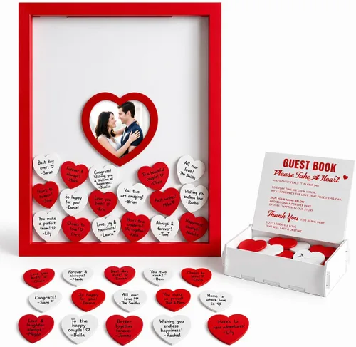 Miniatura 11 de Libro de invitados de boda azul alternativo para recepción con corazones de madera, un marco, decoración de libros, recuerdos para boda, ideas