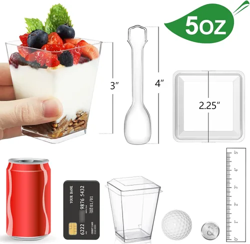 Miniatura 2 de Eupako Paquete de 100 Vasos Cuadrados de Plástico Transparente de 5 oz para Postres con Tapas y Cucharas, Juego de Vasos Pequeños de Plástico 100