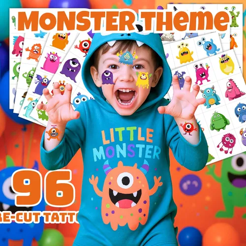 Miniatura 2 de 96 tatuajes temporales precortados de monstruo para niños, suministros para fiestas de cumpleaños de pequeños monstruos, calcomanías divertidas