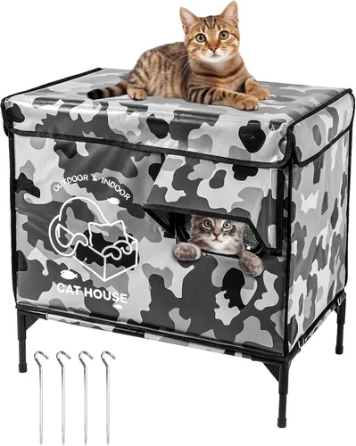 Miniatura 8 de Casa para gatos al aire libre, refugio elevado indestructible para gatos resistente a la intemperie con puerta de escape, exterior impermeable