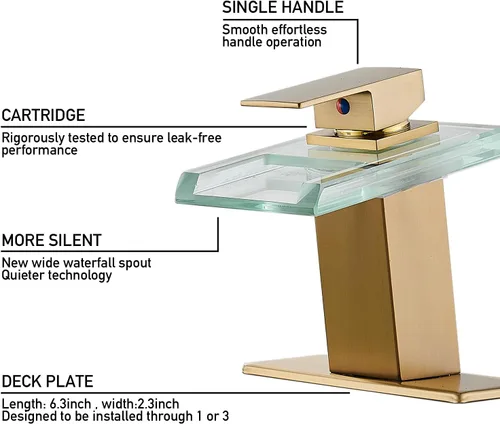 Miniatura 3 de AVSIILE llave LED para fregadero de baño, grifo de lavabo de cascada dorado cepillado con un orificio, mango de un solo agujero para fregaderos, 1
