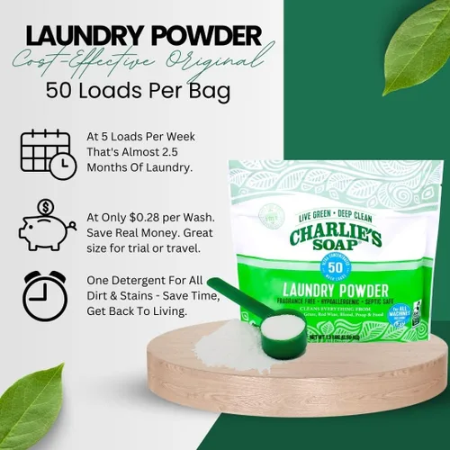 Miniatura 3 de Charlie's Soap Polvo de lavandería (50 cargas, 1 unidad) Detergente hipoalergénico en polvo de limpieza profunda – Respetuoso del medio ambiente