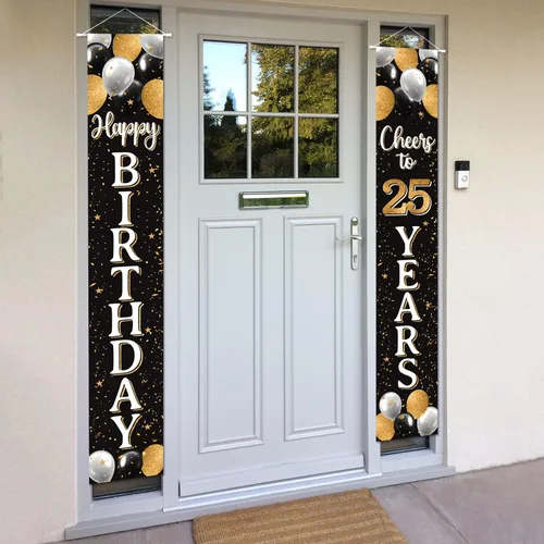 Miniatura 3 de Cartel de puerta de feliz cumpleaños 25 negro y dorado – Fondo de bienvenida a la puerta del hogar de cumpleaños de 25 años, decoración de fiesta