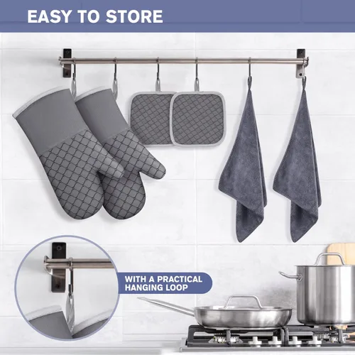 Miniatura 6 de 6 guantes de horno y soportes para ollas, resistentes al calor de 500 ℉ con toallas de cocina, forro de algodón suave y superficie de silicona Gris