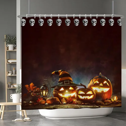 Miniatura 36 de Cortina de ducha de fantasma y gato negro para niños, 36 x 72 pulgadas, espeluznante y bonita, cortina de baño de Halloween con 6 ganchos, cortina