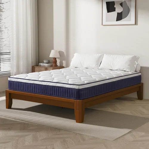 Miniatura 11 de Base de cama de bambú tamaño Queen con colchón de 10 pulgadas, firmeza híbrida media, marco de cama y juego de colchón de carpintería japonesa