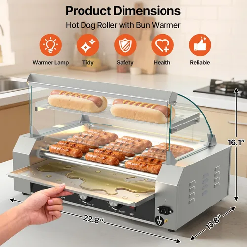 Miniatura 3 de Seeutek Rodillo para perros calientes con 7 rodillos, 24 perros calientes, capacidad de 1100 W, tostadora de perro caliente inoxidable con luz LED