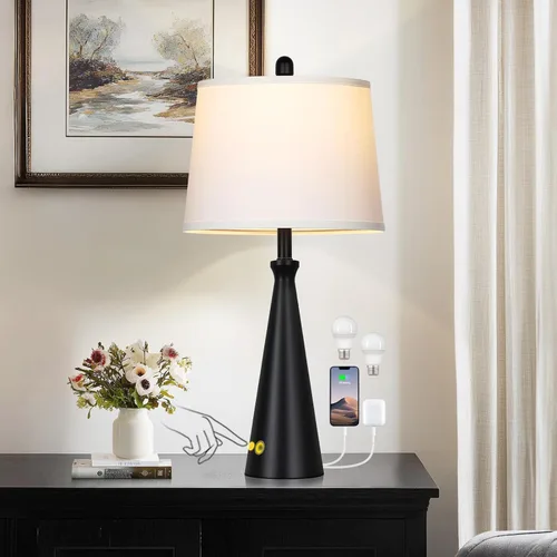 Miniatura 7 de Rinweey 28" Black Touch Table Lamp with USB A+C Ports, 3-Way Dimmable Bedroom Lamp for Night Stand, Tall Modern Touch Lamp for Living Room End