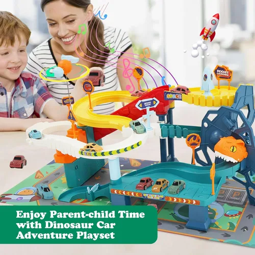 Miniatura 7 de Juguete de coche de pista de carreras para niños, juego de vehículo de aventura de dinosaurio con 5 mini autos y mapa de ruta, juguetes educativos