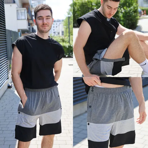 Miniatura 4 de Deyeek Pantalones cortos para hombre con bolsillos para recuperación poscirugía, bloque de color, algodón