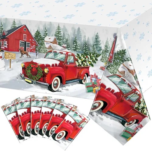 Tiamon Paquete de 6 Manteles de Camión Rojo Navideño Decoración de Plástico Cubiertas de Mesa para Fiestas Navideñas Retro Estampado de Granja de