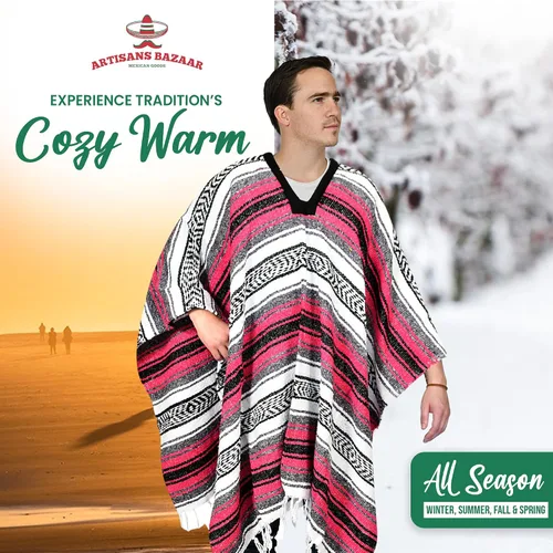 Miniatura 69 de Artisans Bazaar Poncho tradicional mexicano de Baja para hombres y mujeres, auténtico sarape de Gaban, manta de vaquero Pancho Jorongo