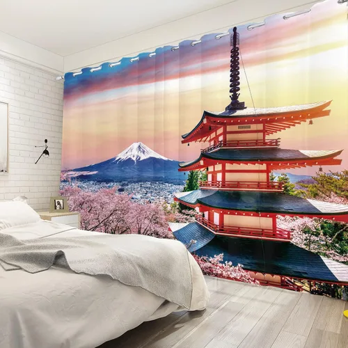 Miniatura 51 de Cortinas japonesas con pintura de tinta, monte Fuji, sol rojo, puesta de sol, hojas de bambú, cortinas de ventana para dormitorio, sala de estar
