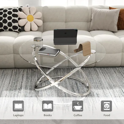 Miniatura 4 de Otterease Mesa de centro de vidrio de 31", mesa auxiliar moderna con marco de metal plateado con anillo, mesa de centro redonda de vidrio
