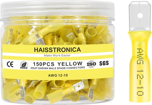 Miniatura 15 de haisstronica 150 piezas de conectores de pala hembra termorretráctiles amarillos, kit de terminales termorretráctiles hembra de pala calibre AWG