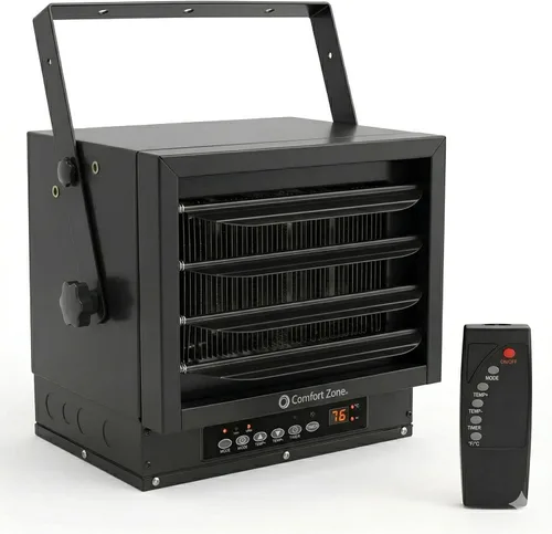 Miniatura 12 de Comfort Zone Calentador de garaje con cable duro de 7500 W, soporte de techo industrial y comercial, ventilador de 240 V con control remoto, Gris