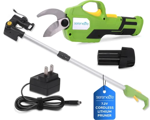 SereneLife Tijera de podar eléctrica inalámbrica, batería de litio de 7.2 V, mango telescópico, capacidad de corte de 3/4 pulgadas, interruptor de