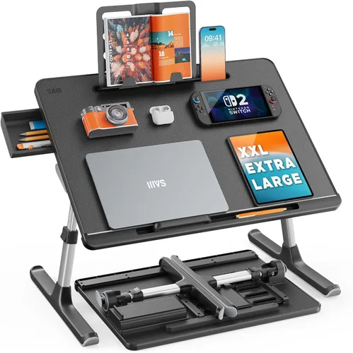 Mesa para cama con bandeja para laptop, SAIJI Mesa ajustable para laptop de tamaño extra grande, plegable, con cajón de almacenamiento y soporte