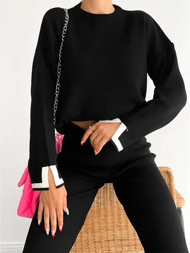 Miniatura 4 de MaLinfandor Conjunto de 2 piezas de suéter de punto para mujer, sudadera de manga larga, pantalones elásticos de pierna ancha, conjunto de ropa