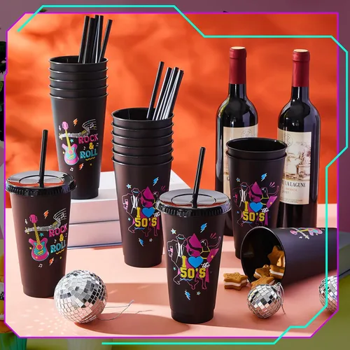 Miniatura 4 de Uiifan 16 piezas de decoraciones de fiesta de los años 50, tazas reutilizables de los años 50 con tapas y pajitas, suministros de Rock Sock Hop
