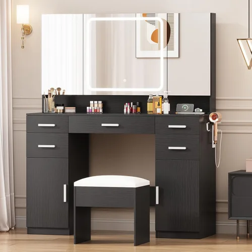 Airynee - Tocador con espejo y luces, mueble de maquillaje con 7 cajones, juego de tocador con espejo plegable de tres colores y luces y taburete