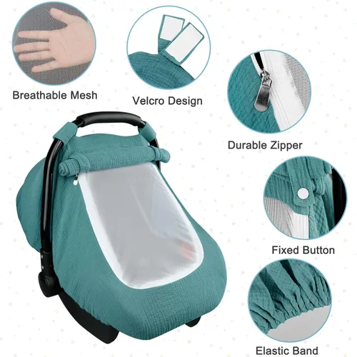 Miniatura 3 de Fundas de asiento de automóvil de muselina para bebés, funda de asiento de automóvil de verano para niños y niñas con ventana transpirable, toldo