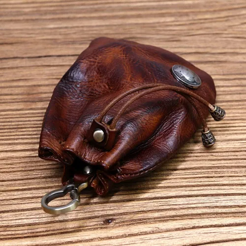 Miniatura 6 de Wugebud 1 llavero medieval de cuero, organizador de monedas, soporte para cambios, bolsa de cuero con cordón para hombres y mujeres, Marrón