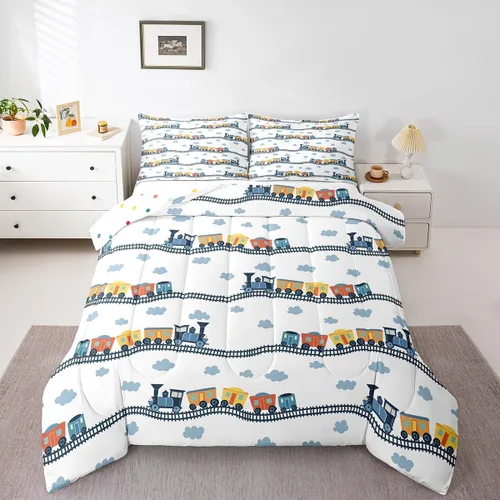Miniatura 10 de Erosebridal Juego de edredón de tren de locomotora para niños, tamaño individual, lindo juego de ropa de cama con motor de vapor para niños y niñas