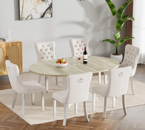 Miniatura 43 de Juego de mesa de comedor de mármol sintético blanco para 6 personas, juego de mesa de comedor extensible de 7 piezas de 63 a 78.74 pulgadas con 6