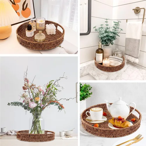 Miniatura 6 de SEDISON Bandeja de mimbre tejida a mano de 13.8 pulgadas para mesa de café, decoración de cocina, bandeja grande de ratán