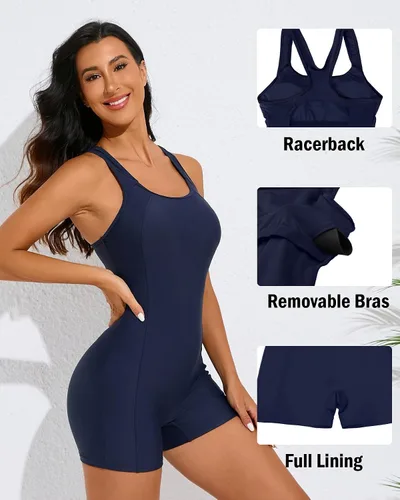 Miniatura 86 de beautyin - Traje de baño para mujer, traje de baño aeróbico y de competición de una pieza, estilo pantalón corto