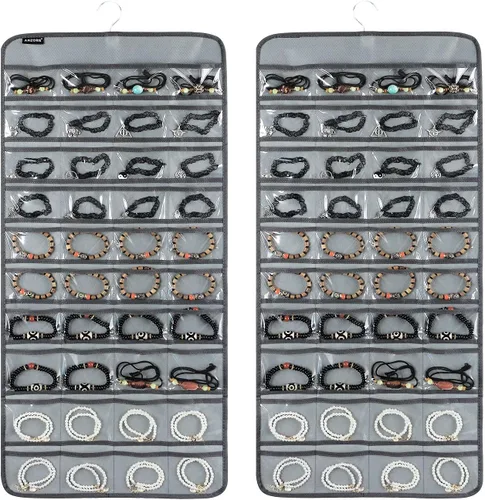 Organizador de joyas colgante de 80 bolsillos para guardar joyas, soporte de exhibición de accesorios de doble cara para aretes, pulseras y anillos