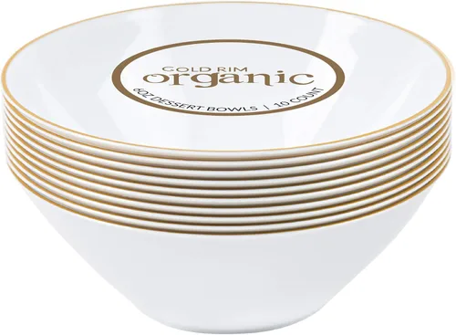 Miniatura 2 de [6 onzas, 40 unidades] Tazones de postre de plástico blanco orgánico para fiesta cuenco de helado con borde dorado Premium pesado elegante vajilla
