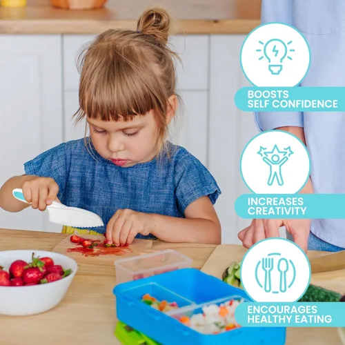 Miniatura 8 de Zulay - Juego de cuchillos infantiles de 3 piezas para cocinar y hornear reales, cuchillos para niños pequeños para cortar frutas, verduras y Azul