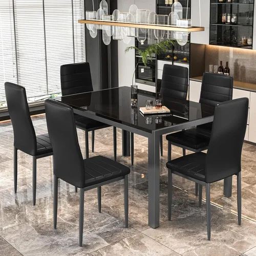 Miniatura 4 de DKLGG Juego de mesa de comedor de 7 piezas para 6, mesa de cocina de vidrio templado con sillas de piel sintética, juego de mesa de comedor moderno