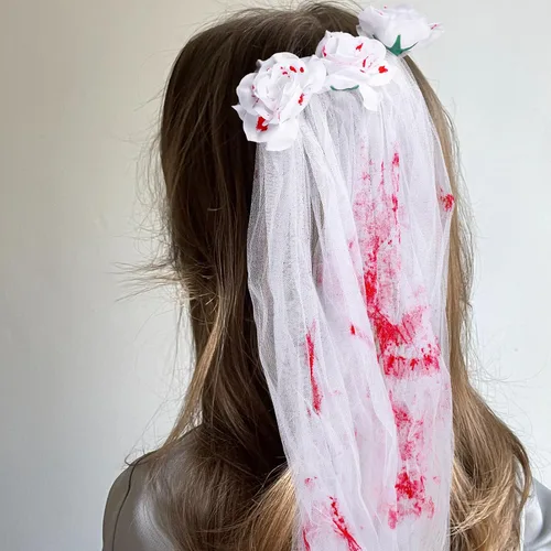 Miniatura 8 de Decoración de Halloween, velo de novia zombi, velo de flores sangrientas con peine, guirnalda de flores góticas, tocado de boda para fiesta