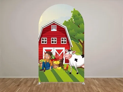 Miniatura 2 de HUAYI Cubierta de fondo de arco de granjero rojo de dibujos animados para fiestas de granja para niños, decoraciones de fondo de Chiara, cubiertas