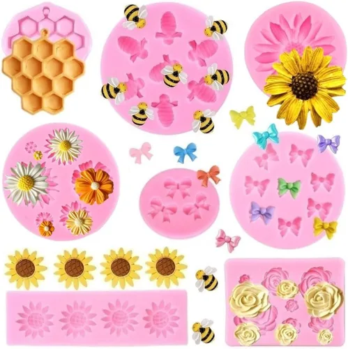 8 Pcs Bumble Bee Silicone Mold Bow Chocolate Molds,Honeycomb Sunflower Rose Flower Fondant Molds for Cupcake DIY Candy Cookies Crafting Cake Sugar