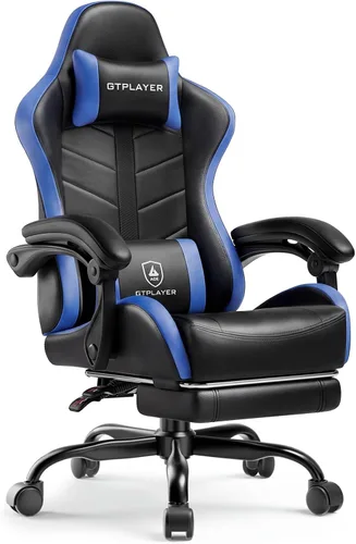 GTPLAYER Silla de juegos para adultos, silla ergonómica para juegos de computadora con reposapiés, altura ajustable, reclinación de 90-155° y Azul