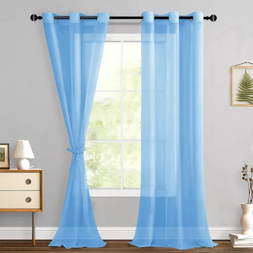 Miniatura 83 de Hiasan - Cortinas traslúcidas de gasa cortas semitransparentes con ojales y alzapaños filtrantes de luz para ventana, dormitorio, baño, 2 paneles