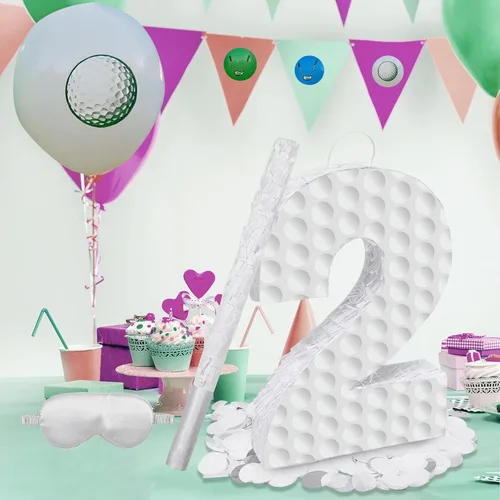 Miniatura 5 de Decoraciones de cumpleaños de golf, piñata número 3 con palo vendados y confeti, piñata temática deportiva, suministros para fiesta de tercer