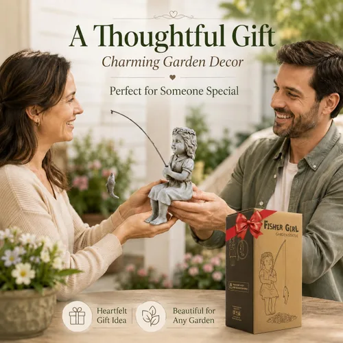 Miniatura 4 de Goodeco Estatua de jardín de Fishergirl – Pequeño pescador de 11 pulgadas para estanque Koi o cascadas, estatua junto a la piscina con guijarros que