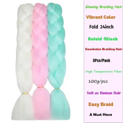 Miniatura 2 de Extensiones de cabello trenzado jumbo coloridas que brillan en la oscuridad para trenzas de arco iris de 24 pulgadas, 3 piezas (blanco/rosa/verde)