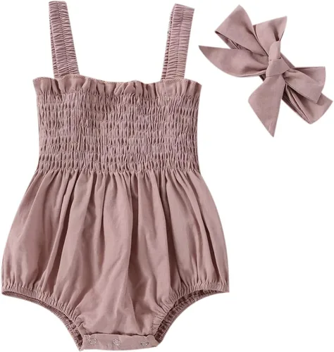 Miniatura 49 de Mameluco para bebés y niñas de 3, 6, 9, 12, 18 meses, enterizo de manga corta, fruncido, faldas y dobladillo, diadema